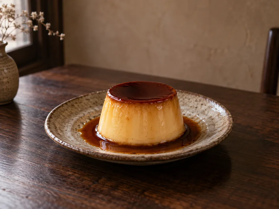 陶器の皿に盛り付けた、カラメルたっぷりの昔ながらのプリン